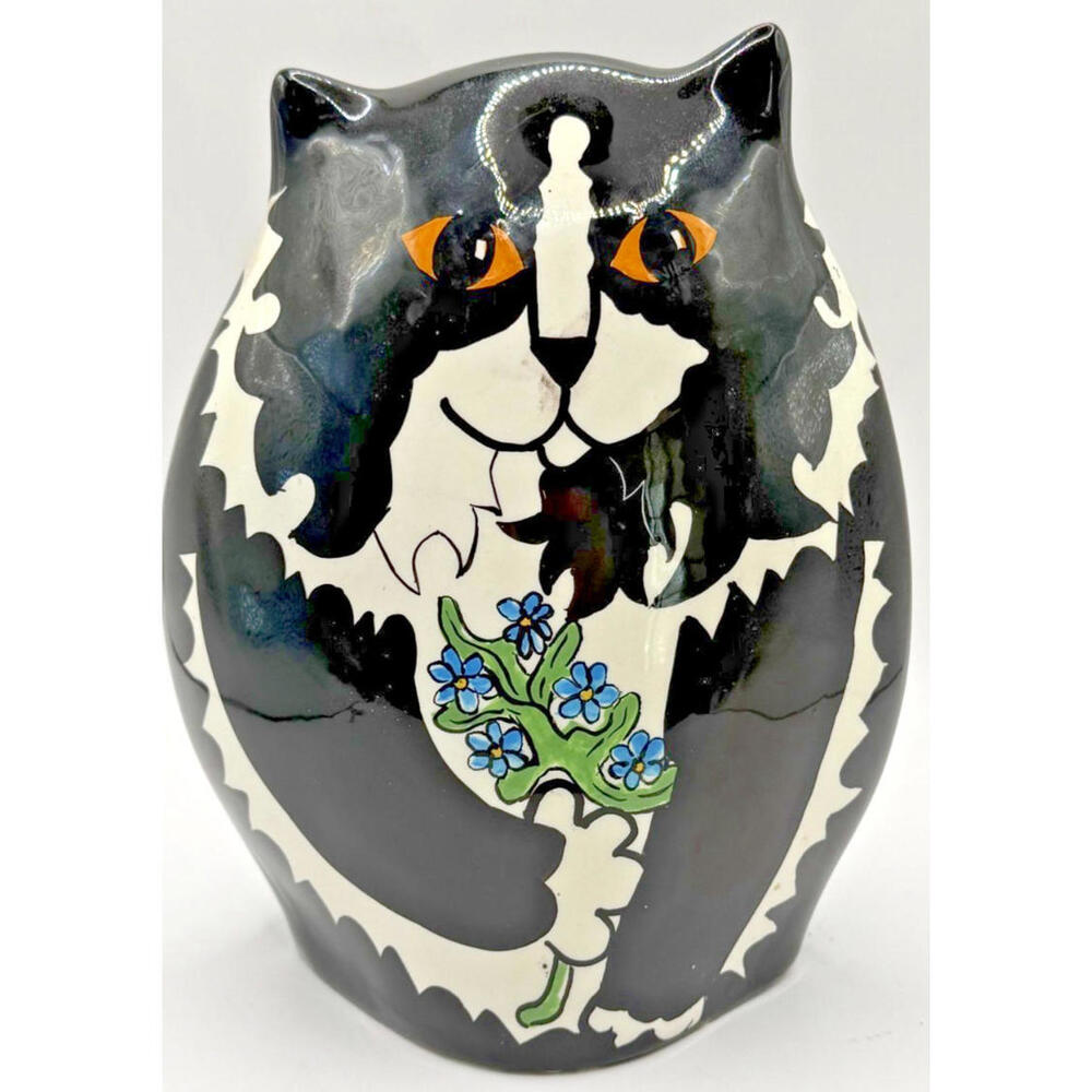 Cats by Nina 7” Vase Black White Longhair Cat w/Blue Flowers 2001 Nina Lyman